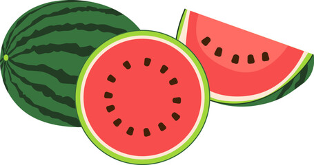 Cute red sliced watermelon, summer fruit illustration design.