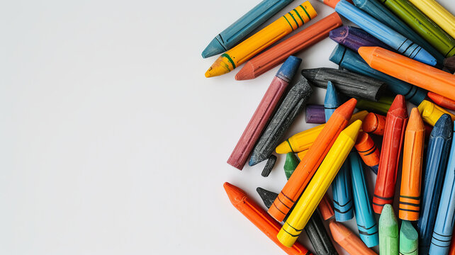 Vibrant crayons scattered on a white surface, symbolizing creativity and color in a world shaped by AI Generative.