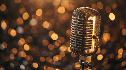 Golden microphone with glitter background, symbolizing opulence in broadcasting and entertainment AI Generative. - obrazy, fototapety, plakaty