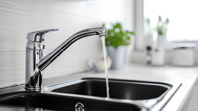 cf0 kitchen sink. Water faucet on. Solid white background, AI Generative