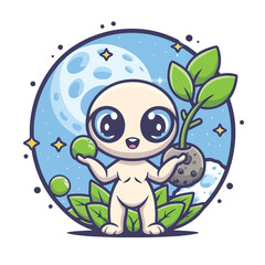 2d vector illustration chibi cute alien, holding sphere earth plant , full body , clean shape and line, white background, random moon background
