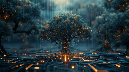 A majestic digital tree where technology and nature merge in a luminous network - AI Generative.