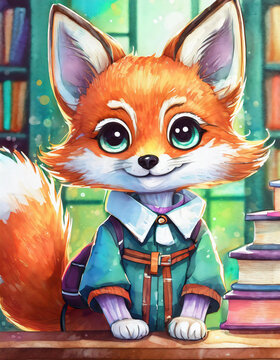 nerdy school fox girl in school uniform sitting in library. illustration for children books