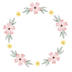 Pink and yellow wildflowers. Round wreath of simple flowers. Watercolor isolated illustration. Frame for design of postcards for Easter, birthday, International Women's Day