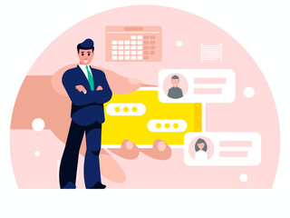 Business correspondence using a smartphone. Businessman stands with arms crossed on chest. Standing confident man in a suit and tie. Smartphone in hand. Chat on a smartphone screen. Vector graphics