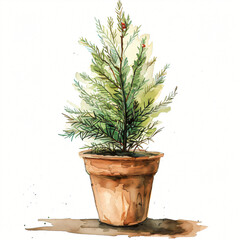 Christmas tree in a pot watercolor illustration.