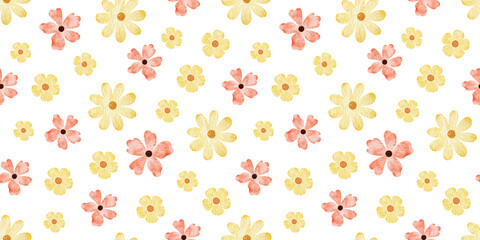 Pink, yellow and red wildflowers. Watercolor hand drawn seamless pattern of Simple flowers. Cute print for fabric, scrapbooking, wrapping paper, design of card