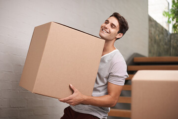 Man, moving boxes and new home by stairs with smile, fresh start and investment in real estate. Person, cardboard and package on steps in apartment, house and happy for rent, mortgage and property