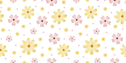 Pink, yellow wildflowers and dots. Watercolor hand drawn seamless pattern of Simple flowers. Cute print for fabric, scrapbooking, wrapping paper, design of card