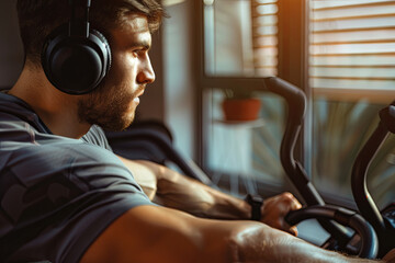 Man training on exercise bike at home, listening music