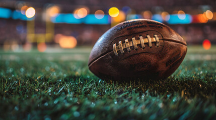 Closeup of an American football ball on the grass