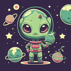 2d vector illustration chibi cute alien, holding sphere earth plant , full body , clean shape and line, white background, random moon background
