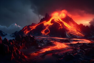 Fire and Ice: A juxtaposition of fiery lava flows against icy glaciers in a stunning natural landscape.

