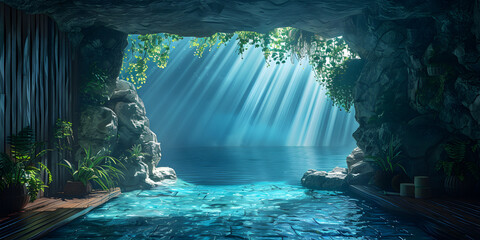 Beautiful waterfall in a tropical area that has sun, A dark cave with a light on it and a tree on the left,

 - obrazy, fototapety, plakaty