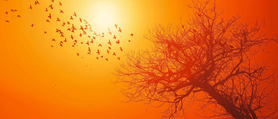 Naklejka premium Silhouette birds flying against orange sky