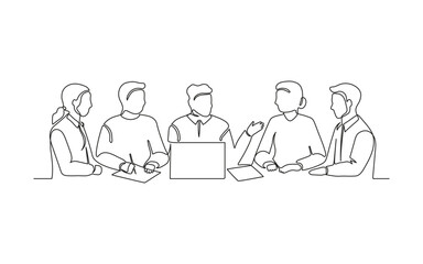 Business meeting of group office people, work on laptop, continuous one line drawing. Teamwork, learning or business talking, partnership in work. Simple single minimalism outline style. Vector