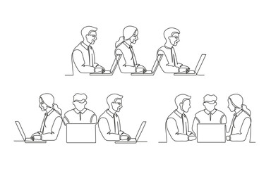 Business meeting of group office people, work on laptop set, continuous one line drawing. Teamwork, learning or business talking, partnership in work. Simple single minimalism outline style. Vector