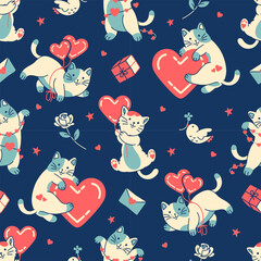 Lovely seamless pattern with cute adorable kittens and bright hearts. Tile funny background. Gift wrapping paper, fabric or backdrop