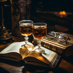 A pair of old-fashioned glasses on an open book. - obrazy, fototapety, plakaty