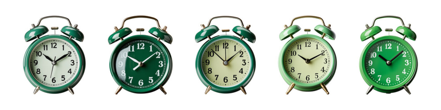 Collection of green alarm clock isolated on a transparent background, PNG