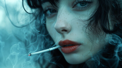 asian girl smoking. Smoke on background