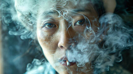 asian girl smoking. Smoke on background - obrazy, fototapety, plakaty