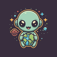 2d vector illustration chibi cute alien, holding sphere earth plant , full body , clean shape and line, white background, random moon background