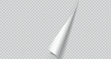Curled corner of paper with shadow realistic vector illustration. Office essentials. Turning notebook page 3d model on transparent background