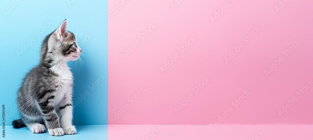 Poster graceful fluffy cat walking on pastel background with ample copy space for text placement
