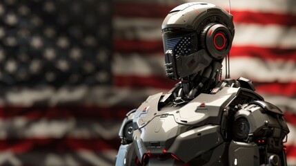 Future military USA Robotic Soldier army, Idenpendece day 4 july, american flag background