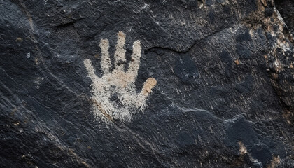 Climber's handprint imprinted in chalk on a dark rock surface -wide format - Powered by Adobe
