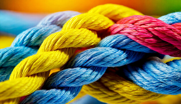 Extreme closeup of a group of multicolored ropes intertwined, teamwork and partnership concept. Generative Ai.
