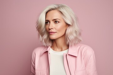 Portrait of a beautiful blonde woman in a pink jacket on a pink background