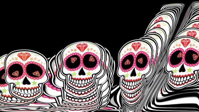 Seamless psychedelic background with Mexican sugar skulls with echo effect. Halloween vector style animation with catrina illustration 