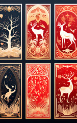 Fototapeta premium Traditional postcards with a Christmas tree, reindeer