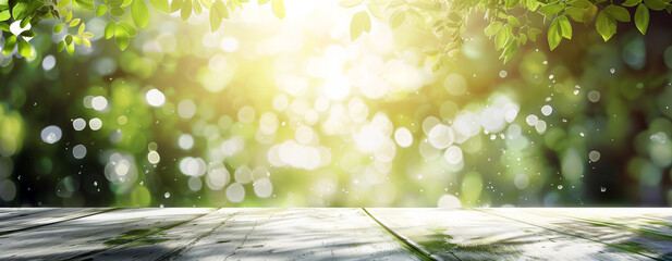 View of an empty wooden table top in a garden. Image with a gentle blurred soft light background of garden foilage. Bokeh effect. Easter, spring holiday concept with copy space for your product or ad.