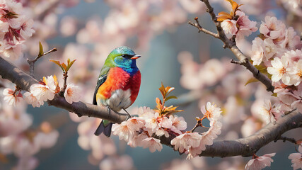 Colorful Bird. Songbird in Cherry Blossoms