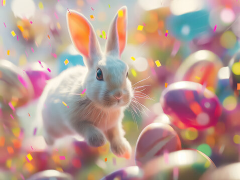 Cute Bunny Jumping Around Easter Eggs. Concept Of Happy Easter Day. Space For Text