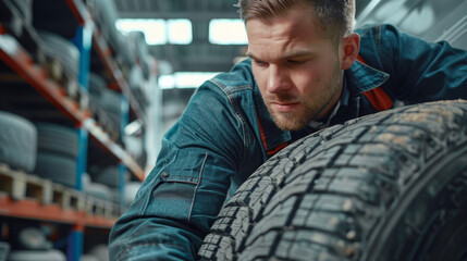 Technician man replacing a tire for safety road trip