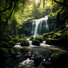 A serene waterfall in a lush green forest.
