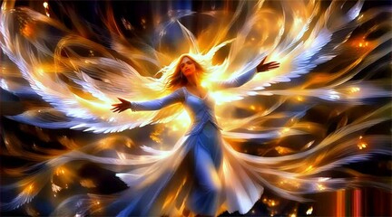 Mystical Angel with Golden Wings - Fantasy Art