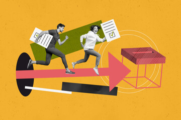 Photo collage artwork illustration of two citizens running with documents votes in presidential...