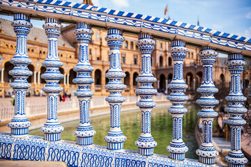 Close up of spanish tiles on handrail at Plaza de Espana, Seville, Spain - 752154878
