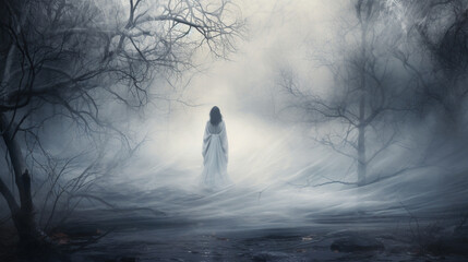 Mysterious figure in foggy forest landscape. A ghostly figure shrouded in a white veil stands amongst twisted trees in a dense, fog-filled forest, evoking an eerie atmosphere. - obrazy, fototapety, plakaty