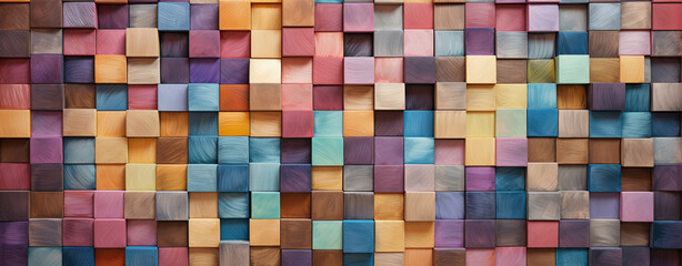 Wooden panel art geometric abstract with vibrant rainbow cubes. Generated AI.