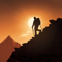 A silhouette of a person hiking up a mountain. - obrazy, fototapety, plakaty