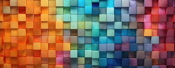 Wooden cube arrangement colorful rainbow pattern decorates panel. Generated AI.