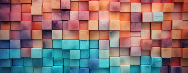 Rainbow-colored wooden blocks geometric abstract art on wood panel. Generated AI.