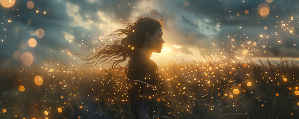 features a woman in the middle of a field of stars - obrazy, fototapety, plakaty