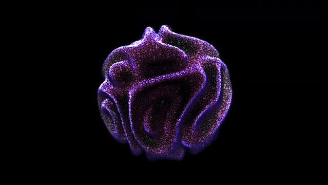 3D sphere with wave surface synthesizes and disintegrates on particles on black background. Abstract concept of energy source, nanotechnology and science. 4K looped animation of digital sound waves